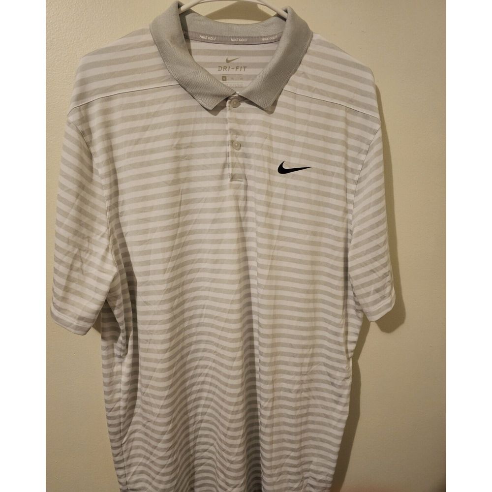 Nike Golf Polo Shirt Mens XL White Gray Striped Dri Fit Golf Short Sleeve